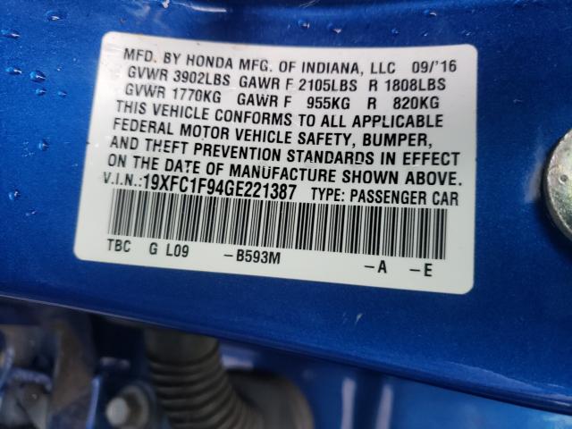 2016 HONDA CIVIC TOUR 19XFC1F94GE221387