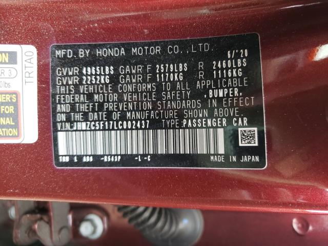 2020 HONDA CLARITY JHMZC5F17LC002437