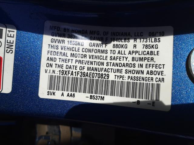 2010 HONDA CIVIC VP 19XFA1F39AE070829