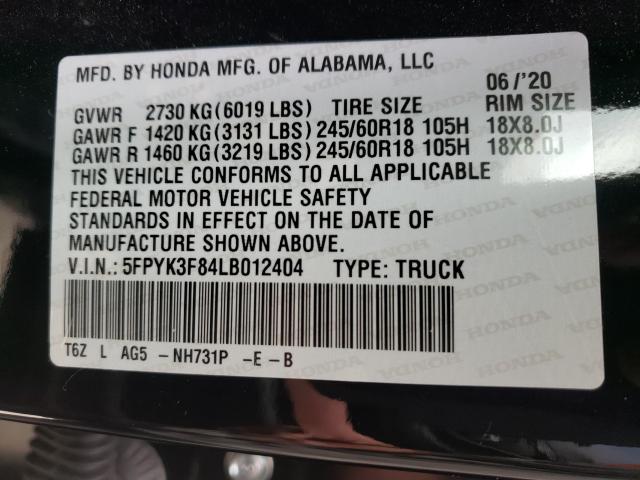 2020 HONDA RIDGELINE 5FPYK3F84LB012404