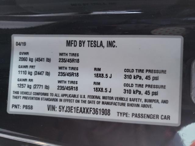 2019 TESLA MODEL 3 5YJ3E1EAXKF361908