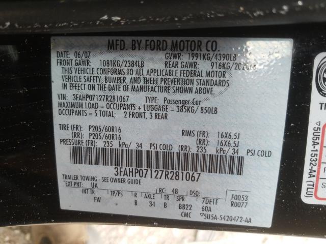 3FAHP07127R281067 Ford Fusion Se 2007. Фото: 9