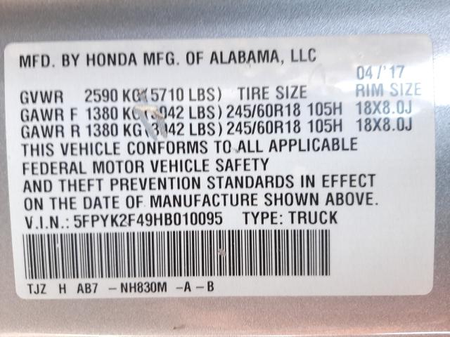 2017 HONDA RIDGELINE 5FPYK2F49HB010095