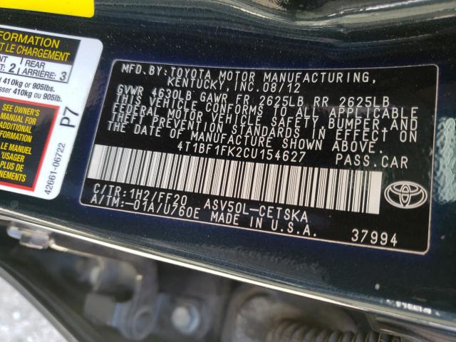 2012 TOYOTA CAMRY BASE 4T1BF1FK2CU154627