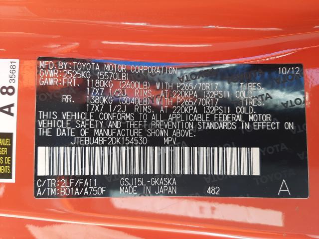 2013 TOYOTA FJ CRUISER JTEBU4BF2DK154530