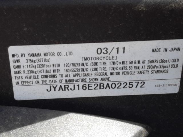 2011 YAMAHA YZFR6 JYARJ16E2BA022572