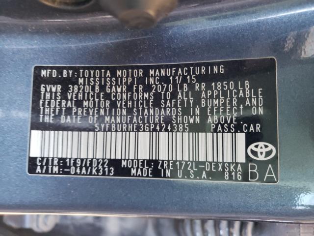 2016 TOYOTA COROLLA L 5YFBURHE3GP424385