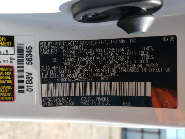 2010 TOYOTA SIENNA CE 5TDKK4CC5AS326522
