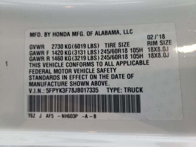 2018 HONDA RIDGELINE 5FPYK3F78JB017335