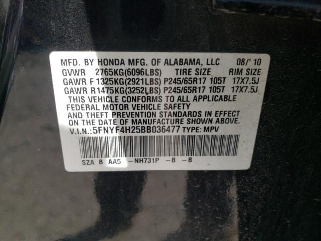 2011 HONDA PILOT LX 5FNYF4H25BB036477
