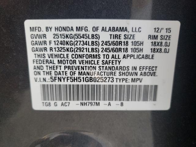2016 HONDA PILOT EXL 5FNYF5H51GB025273