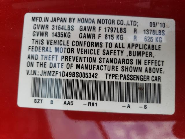 2011 HONDA CR-Z JHMZF1D49BS005342