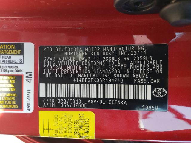 2011 TOYOTA CAMRY BASE 4T4BF3EK0BR191743