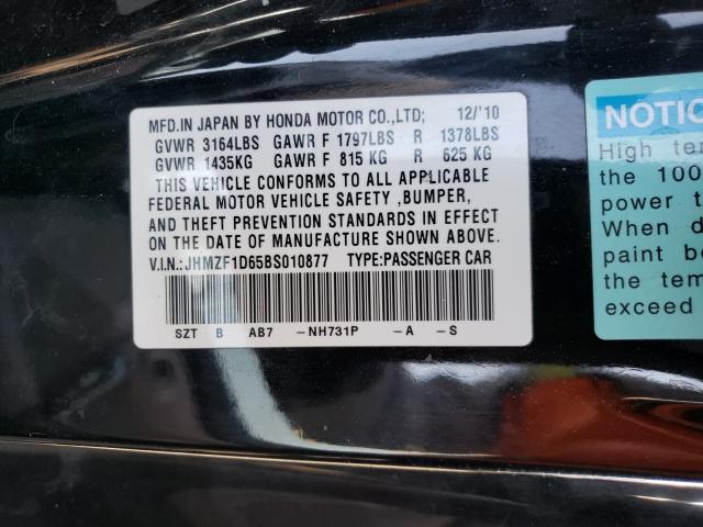 2011 HONDA CR-Z EX JHMZF1D65BS010877