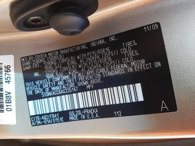 2010 TOYOTA SIENNA CE 5TDKK4CC6AS335147