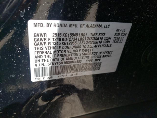 2019 HONDA PILOT LX 5FNYF5H16KB041653