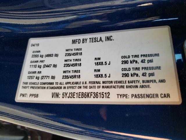 2019 TESLA MODEL 3 5YJ3E1EB6KF361512