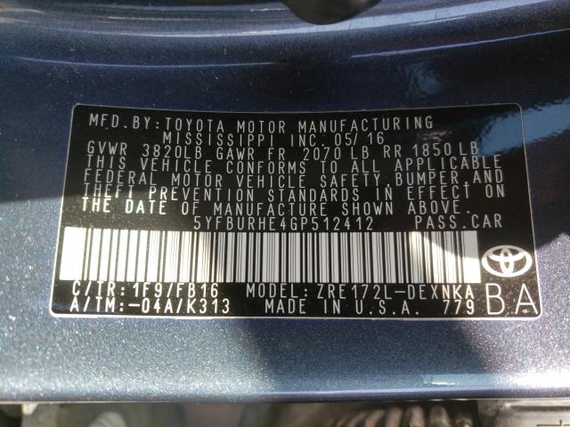 2016 TOYOTA COROLLA L 5YFBURHE4GP512412