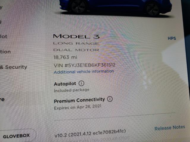 2019 TESLA MODEL 3 5YJ3E1EB6KF361512