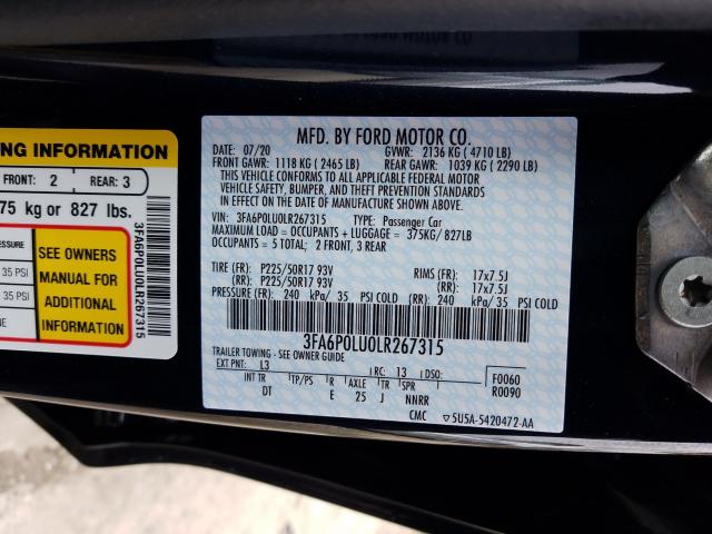 2020 FORD FUSION SE 3FA6P0LU0LR267315