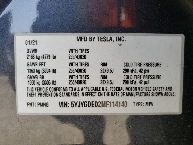 2021 TESLA MODEL Y 5YJYGDED2MF114140