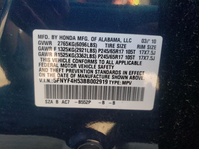 2011 HONDA PILOT EXL 5FNYF4H53BB002919