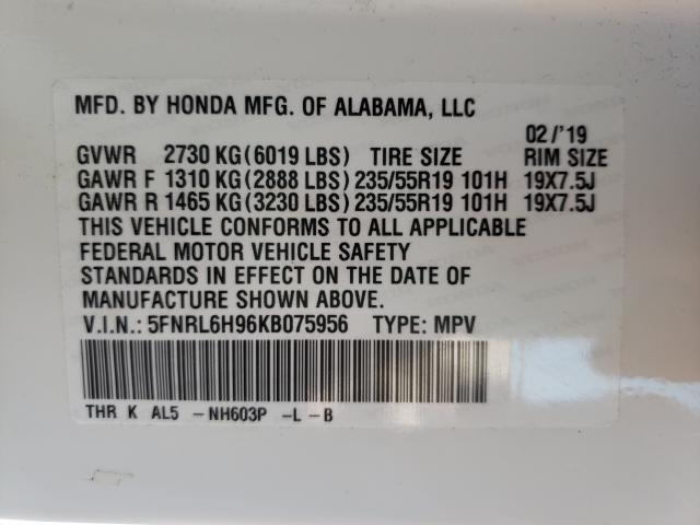 2019 HONDA ODYSSEY EL 5FNRL6H96KB075956