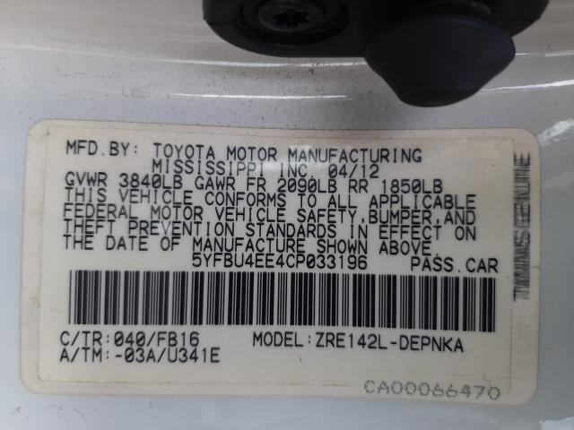 2012 TOYOTA COROLLA BA 5YFBU4EE4CP033196