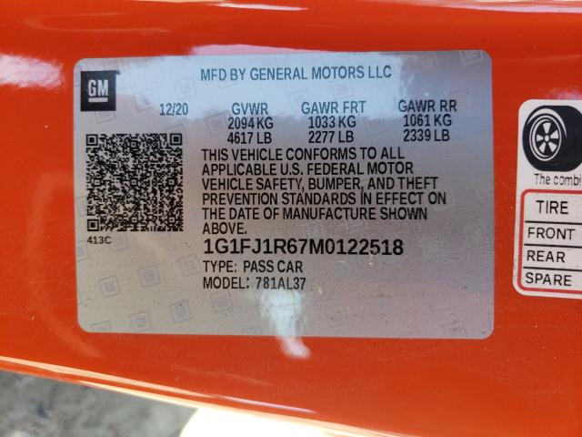 2021 CHEVROLET CAMARO ZL1 1G1FJ1R67M0122518