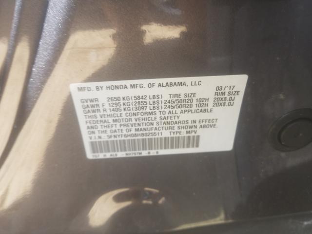 2017 HONDA PILOT ELIT 5FNYF6H08HB025511