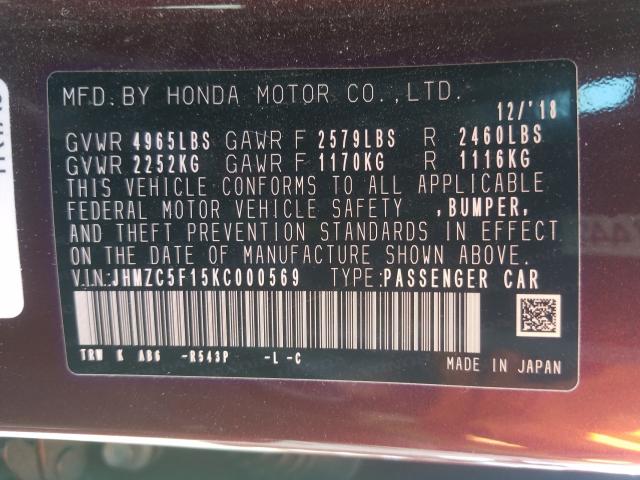 2019 HONDA CLARITY JHMZC5F15KC000569