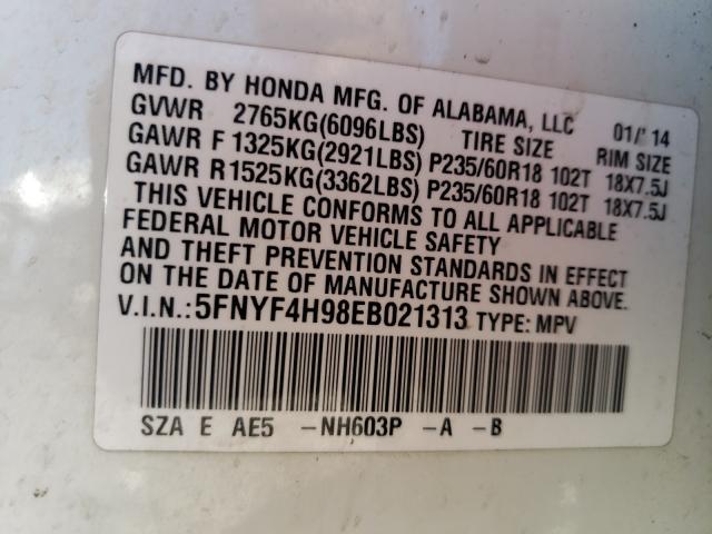 2014 HONDA PILOT TOUR 5FNYF4H98EB021313