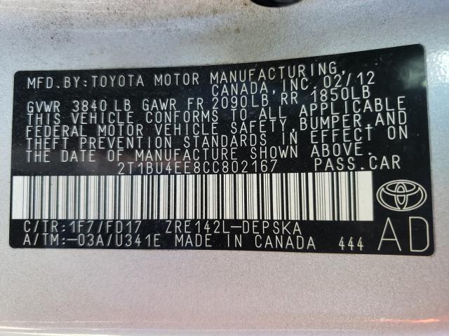 2012 TOYOTA COROLLA BA 2T1BU4EE8CC802167