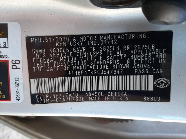 2012 TOYOTA CAMRY BASE 4T1BF1FK2CU547947