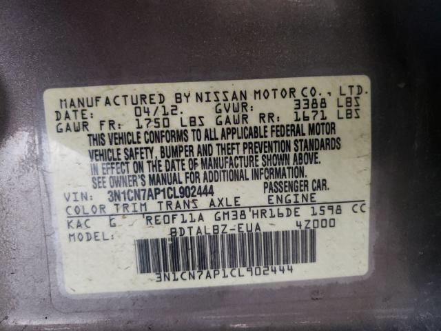 2012 NISSAN VERSA SV 3N1CN7AP1CL902444