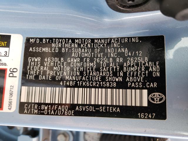 2012 TOYOTA CAMRY BASE 4T4BF1FK6CR215838