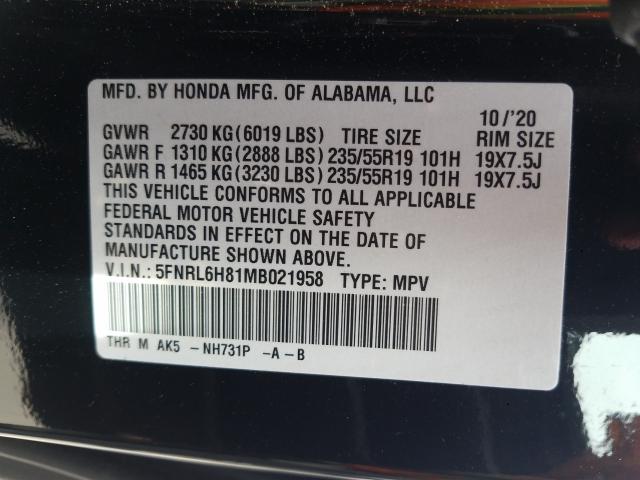 2021 HONDA ODYSSEY TO 5FNRL6H81MB021958