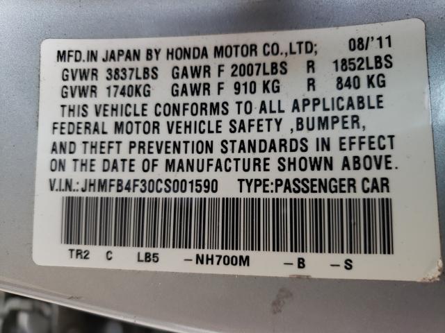 2012 HONDA CIVIC HYBR JHMFB4F30CS001590