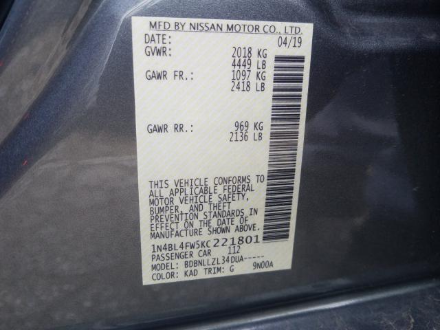 2019 NISSAN ALTIMA PLA 1N4BL4FW5KC221801