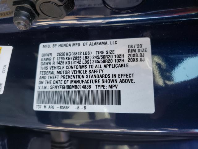 2021 HONDA PILOT ELIT 5FNYF6H00MB014836