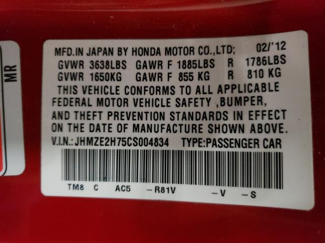 2012 HONDA INSIGHT EX JHMZE2H75CS004834