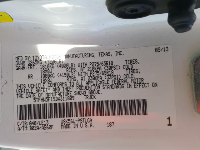 2013 TOYOTA 1/2 TON 5TFHW5F19DX311809