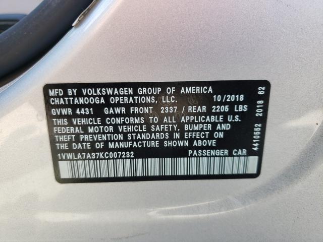 2019 VOLKSWAGEN PASSAT WOL 1VWLA7A37KC007232