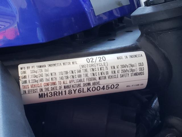 2020 YAMAHA YZFR3 A MH3RH18Y6LK004502