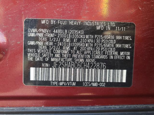 2012 SUBARU FORESTER 2 JF2SHABC6CH422876