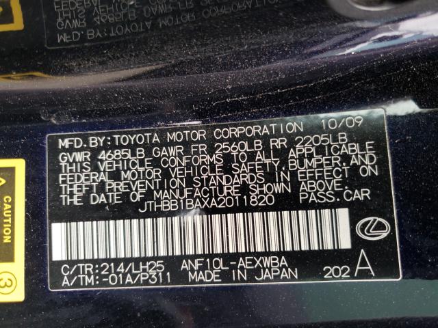 2010 LEXUS HS 250H JTHBB1BAXA2011820