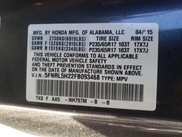 VIN 5FNRL5H22FB093468 2015 HONDA ODYSSEY no.10