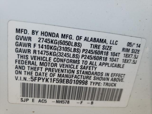 2014 HONDA RIDGELINE 5FPYK1F59EB010998