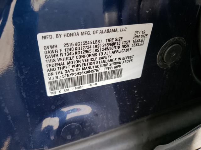 2019 HONDA PILOT EX 5FNYF5H36KB045767