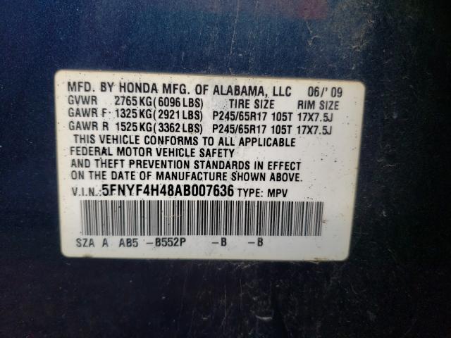 2010 HONDA PILOT EX 5FNYF4H48AB007636